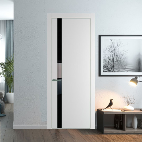 Межкомнатная дверь ProfilDoors 18 PE с вставкой из стекла черный лак Крем Вайт с алюминиевой кромкой Зеленый воск