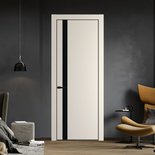 Межкомнатная дверь ProfilDoors 18 PE с вставкой из стекла монохром черный Кремовая Магнолия с алюминиевой кромкой Черный