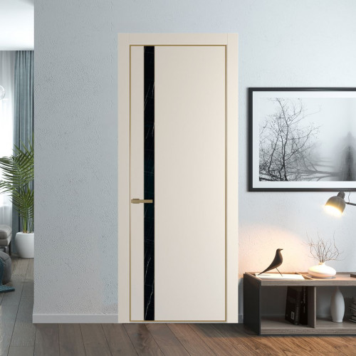 Межкомнатная дверь ProfilDoors 18 PE с вставкой из стекла неро мрамор Кремовая Магнолия с алюминиевой кромкой Золото