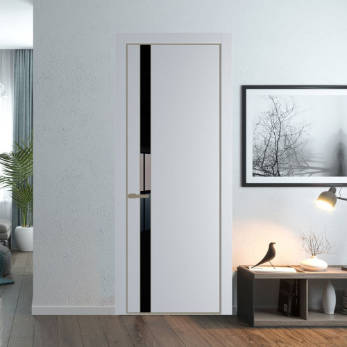 Межкомнатная дверь ProfilDoors 18 PE с вставкой из стекла черный лак Лайт Грей с алюминиевой кромкой Шампань