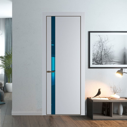 Межкомнатная дверь ProfilDoors 18 PE с вставкой из стекла зеркало blue Лайт Грей с алюминиевой кромкой Деорэ