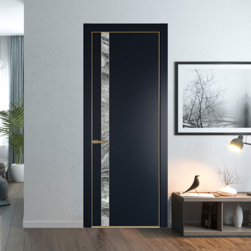 Межкомнатная дверь ProfilDoors 18 PE с вставкой из стекла атриум серебро Нэви Блу с алюминиевой кромкой Золото