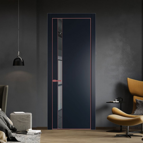 Межкомнатная дверь ProfilDoors 18 PE с вставкой из стекла зеркало grey Нэви Блу с алюминиевой кромкой Красный антрацит