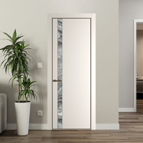 Межкомнатная дверь ProfilDoors 18 PE с вставкой из стекла атриум серебро Перламутр белый с алюминиевой кромкой Деорэ
