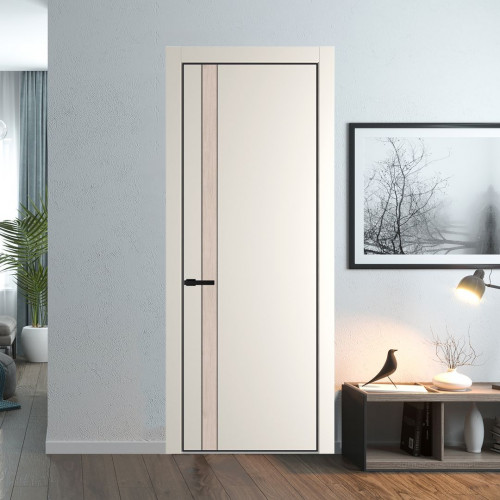 Межкомнатная дверь ProfilDoors 18 PE с вставкой Каштан светлый Перламутр белый с алюминиевой кромкой Черный