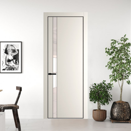 Межкомнатная дверь ProfilDoors 18 PE с вставкой из стекла перламутровый лак Перламутр белый с алюминиевой кромкой Черный