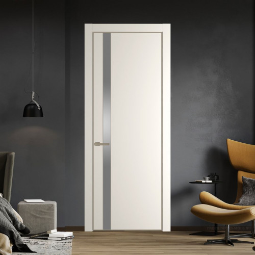 Межкомнатная дверь ProfilDoors 18 PE с вставкой из стекла серебро матлак Перламутр белый с алюминиевой кромкой Никель