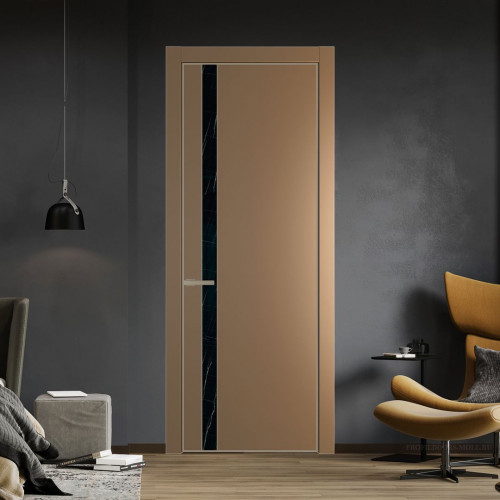 Межкомнатная дверь ProfilDoors 18 PE с вставкой из стекла неро мрамор Перламутр золото с алюминиевой кромкой Никель
