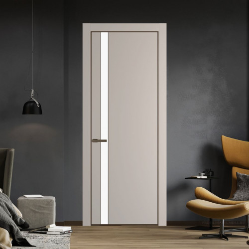 Межкомнатная дверь ProfilDoors 18 PE с вставкой из стекла монохром белый просветленный Сэнд с алюминиевой кромкой Деорэ