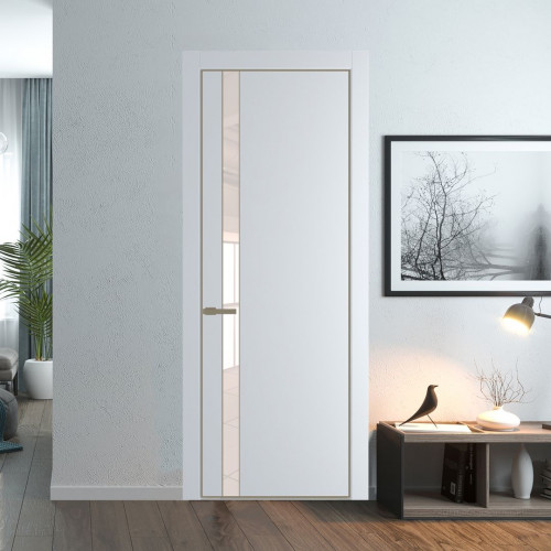 Межкомнатная дверь ProfilDoors 18 PE с вставкой из стекла перламутровый лак Вайт с алюминиевой кромкой Шампань