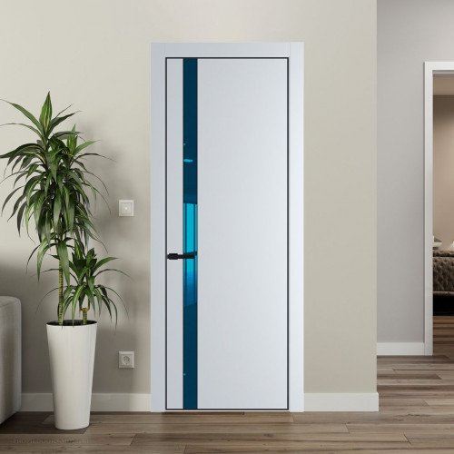 Межкомнатная дверь ProfilDoors 18 PE с вставкой из стекла зеркало blue Вайт с алюминиевой кромкой Черный