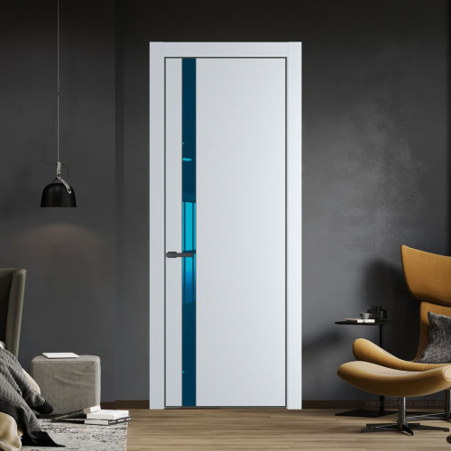 Межкомнатная дверь ProfilDoors 18 PE с вставкой из стекла зеркало blue Вайт с алюминиевой кромкой Серая Ночь