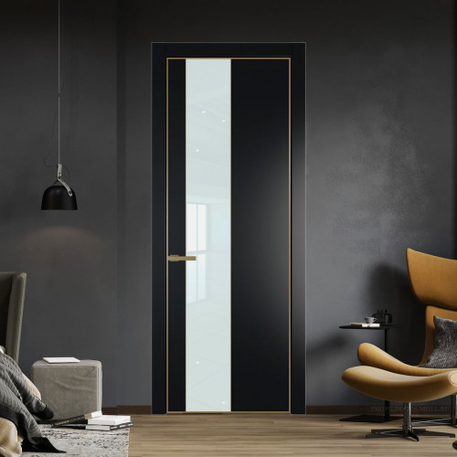 Межкомнатная дверь ProfilDoors 19 PE с вставкой из стекла белый лак Блэк с алюминиевой кромкой Золото