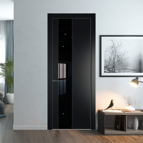 Межкомнатная дверь ProfilDoors 19 PE с вставкой из стекла черный лак Блэк с алюминиевой кромкой Серая Ночь