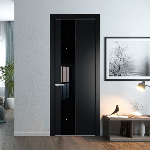 Межкомнатная дверь ProfilDoors 19 PE с вставкой из стекла черный лак Блэк с алюминиевой кромкой Серебро