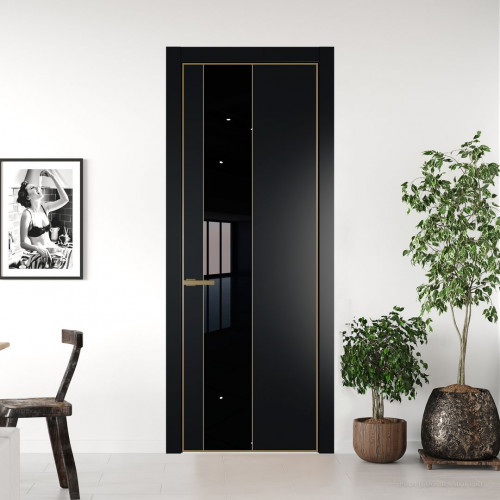 Межкомнатная дверь ProfilDoors 19 PE с вставкой из стекла черный лак Блэк с алюминиевой кромкой Золото