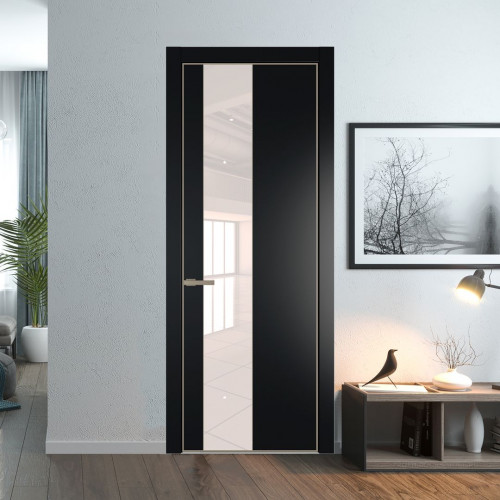 Межкомнатная дверь ProfilDoors 19 PE с вставкой из стекла перламутровый лак Блэк с алюминиевой кромкой Никель