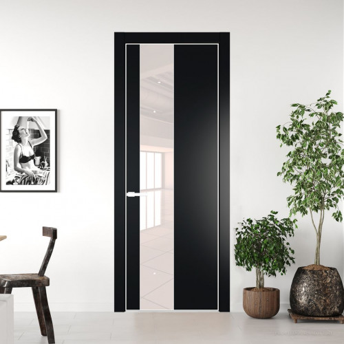 Межкомнатная дверь ProfilDoors 19 PE с вставкой из стекла перламутровый лак Блэк с алюминиевой кромкой Вайт