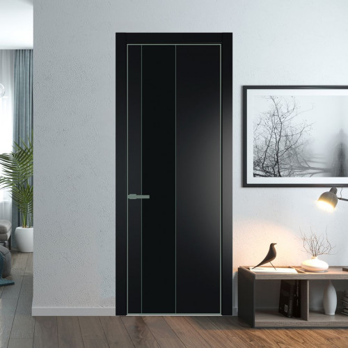 Межкомнатная дверь ProfilDoors 19 PE с вставкой из стекла монохром черный Блэк с алюминиевой кромкой Зеленый воск