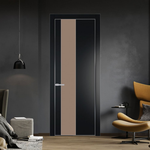 Межкомнатная дверь ProfilDoors 19 PE с вставкой из стекла монохром капучино Блэк с алюминиевой кромкой Серебро