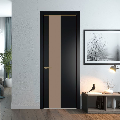 Межкомнатная дверь ProfilDoors 19 PE с вставкой из стекла монохром капучино Блэк с алюминиевой кромкой Золото