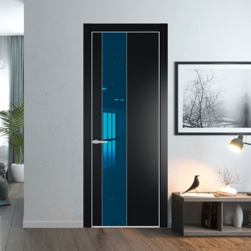 Межкомнатная дверь ProfilDoors 19 PE с вставкой из стекла зеркало blue Блэк с алюминиевой кромкой Матовая