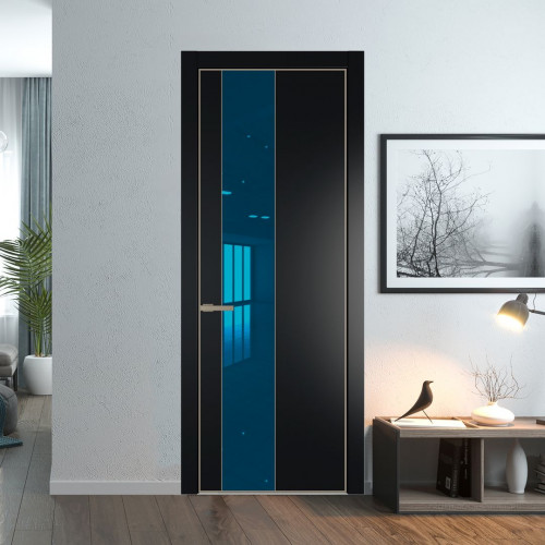 Межкомнатная дверь ProfilDoors 19 PE с вставкой из стекла зеркало blue Блэк с алюминиевой кромкой Никель