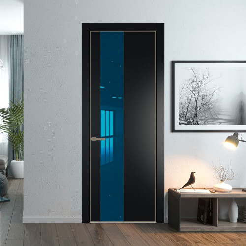 Межкомнатная дверь ProfilDoors 19 PE с вставкой из стекла зеркало blue Блэк с алюминиевой кромкой Шампань