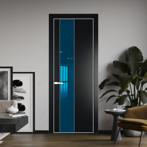 Межкомнатная дверь ProfilDoors 19 PE с вставкой из стекла зеркало blue Блэк с алюминиевой кромкой Вайт