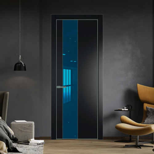 Межкомнатная дверь ProfilDoors 19 PE с вставкой из стекла зеркало blue Блэк с алюминиевой кромкой Зеленый воск