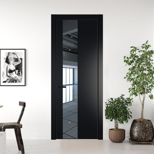 Межкомнатная дверь ProfilDoors 19 PE с вставкой из стекла зеркало Блэк с алюминиевой кромкой Черный