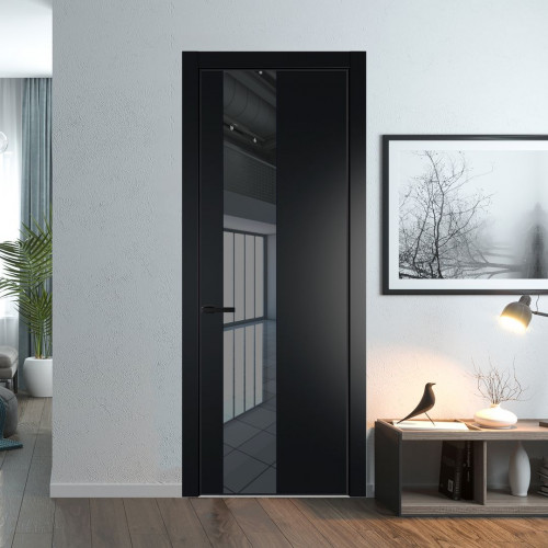 Межкомнатная дверь ProfilDoors 19 PE с вставкой из стекла зеркало grey Блэк с алюминиевой кромкой Черный
