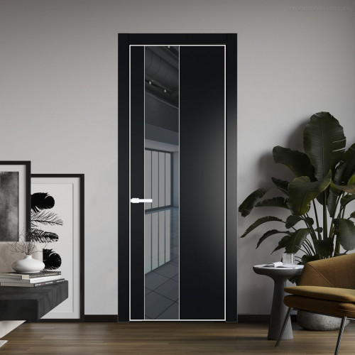 Межкомнатная дверь ProfilDoors 19 PE с вставкой из стекла зеркало grey Блэк с алюминиевой кромкой Вайт