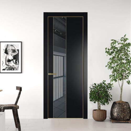 Межкомнатная дверь ProfilDoors 19 PE с вставкой из стекла зеркало grey Блэк с алюминиевой кромкой Золото