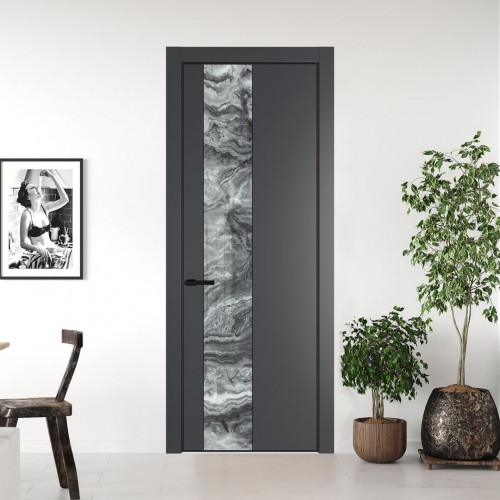 Межкомнатная дверь ProfilDoors 19 PE с вставкой из стекла атриум серебро Графит с алюминиевой кромкой Черный