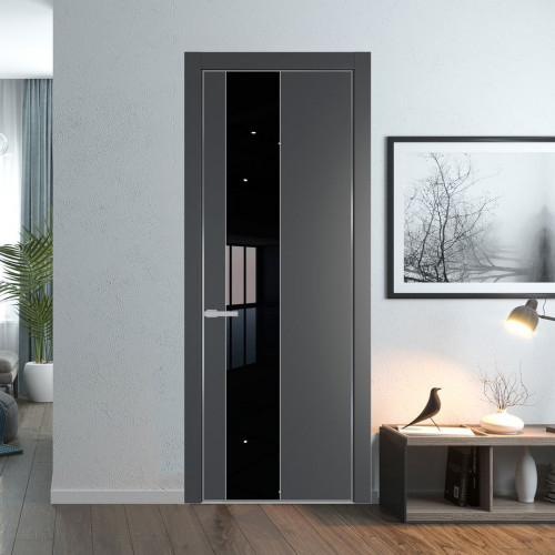 Межкомнатная дверь ProfilDoors 19 PE с вставкой из стекла черный лак Графит с алюминиевой кромкой Серебро