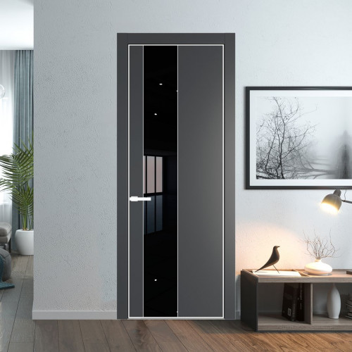 Межкомнатная дверь ProfilDoors 19 PE с вставкой из стекла черный лак Графит с алюминиевой кромкой Вайт