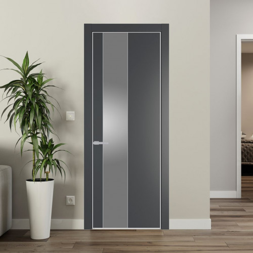 Межкомнатная дверь ProfilDoors 19 PE с вставкой из стекла серебро матлак Графит с алюминиевой кромкой Матовая