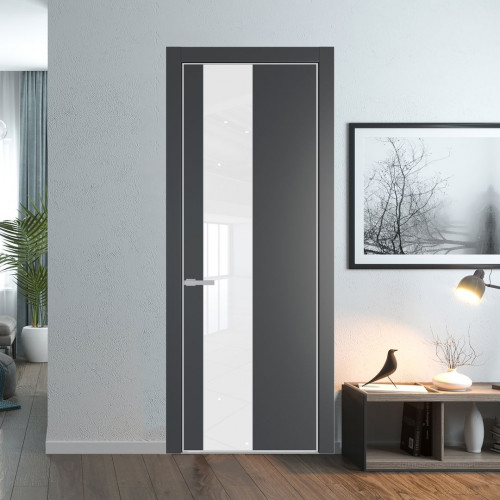Межкомнатная дверь ProfilDoors 19 PE с вставкой из стекла лак классик Графит с алюминиевой кромкой Матовая