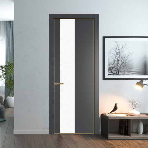 Межкомнатная дверь ProfilDoors 19 PE с вставкой из стекла монохром белый просветленный Графит с алюминиевой кромкой Золото