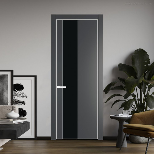 Межкомнатная дверь ProfilDoors 19 PE с вставкой из стекла монохром черный Графит с алюминиевой кромкой Вайт