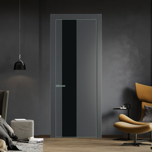 Межкомнатная дверь ProfilDoors 19 PE с вставкой из стекла монохром черный Графит с алюминиевой кромкой Зеленый воск