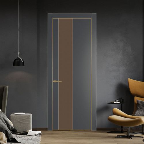 Межкомнатная дверь ProfilDoors 19 PE с вставкой из стекла монохром гляссе Графит с алюминиевой кромкой Золото
