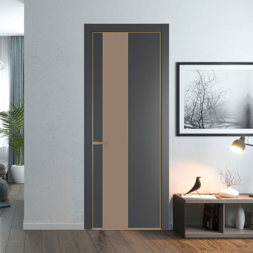 Межкомнатная дверь ProfilDoors 19 PE с вставкой из стекла монохром капучино Графит с алюминиевой кромкой Золото