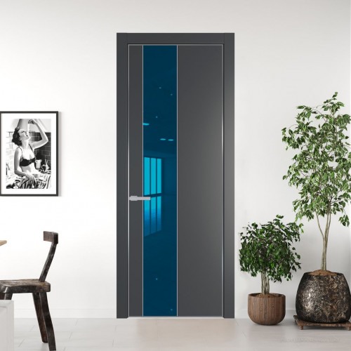 Межкомнатная дверь ProfilDoors 19 PE с вставкой из стекла зеркало blue Графит с алюминиевой кромкой Серебро