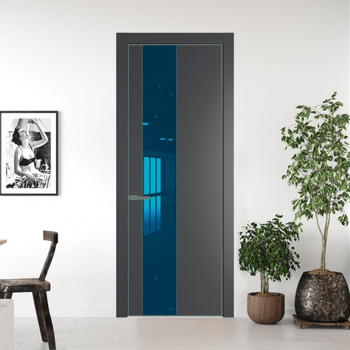 Межкомнатная дверь ProfilDoors 19 PE с вставкой из стекла зеркало blue Графит с алюминиевой кромкой Зеленый воск