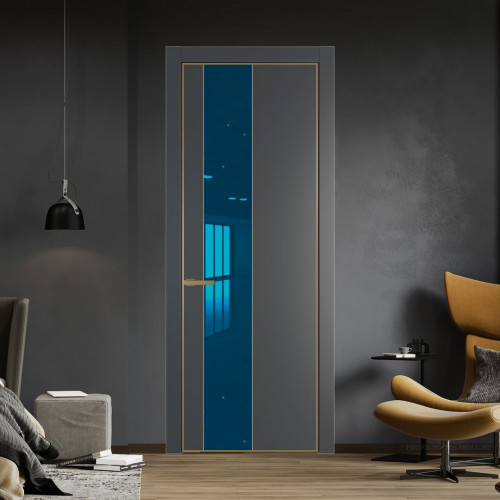 Межкомнатная дверь ProfilDoors 19 PE с вставкой из стекла зеркало blue Графит с алюминиевой кромкой Золото