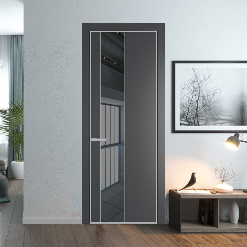 Межкомнатная дверь ProfilDoors 19 PE с вставкой из стекла зеркало grey Графит с алюминиевой кромкой Матовая