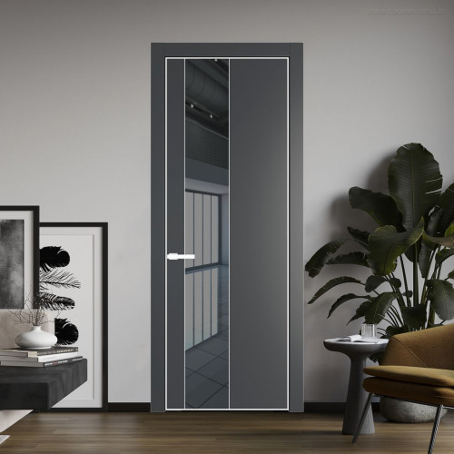 Межкомнатная дверь ProfilDoors 19 PE с вставкой из стекла зеркало grey Графит с алюминиевой кромкой Вайт