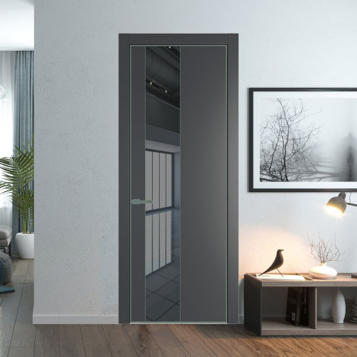 Межкомнатная дверь ProfilDoors 19 PE с вставкой из стекла зеркало grey Графит с алюминиевой кромкой Зеленый воск